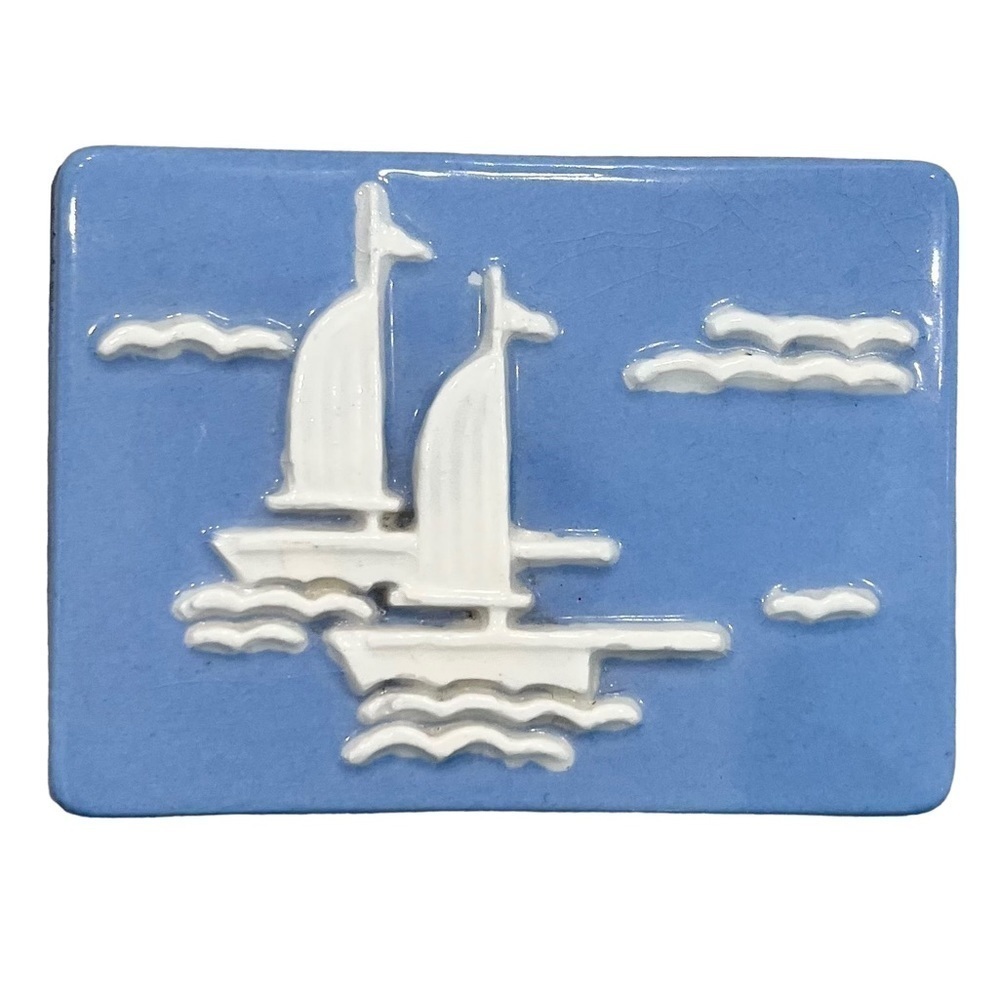 Vintage Blue White Trinket Box Sailing Ships Japan